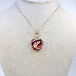 Gold Over Sterling Silver 925 Artisan Glass Heart Necklace Size 18" Adjustable